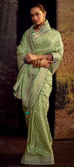 Traditional, Wedding Green color Saree in Silk fabric with South Embroidered, Sequence, Thread, Zari work : 1893964