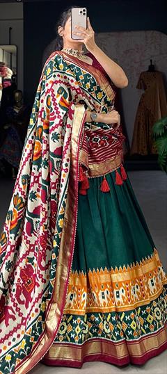 Festive, Navratri, Reception Green color Lehenga in Tussar Silk fabric with Flared Foil Print, Printed work : 1894054