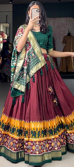 Festive, Navratri, Reception Red and Maroon color Lehenga in Tussar Silk fabric with Flared Foil Print, Printed work : 1894057