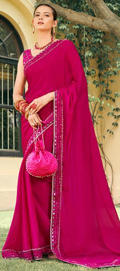 Party Wear, Reception Pink and Majenta color Saree in Chiffon fabric with Classic Embroidered, Mirror, Thread work : 1894127