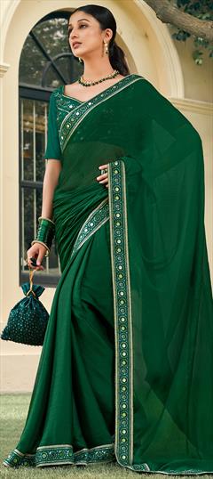 Party Wear, Reception Green color Saree in Chiffon fabric with Classic Embroidered, Mirror, Thread work : 1894131