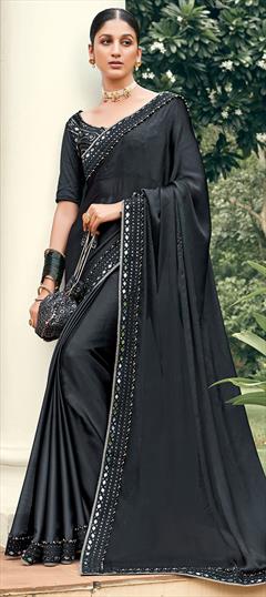 Party Wear, Reception Black and Grey color Saree in Chiffon fabric with Classic Embroidered, Mirror, Thread work : 1894132