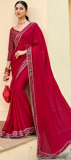Party Wear, Reception Red and Maroon color Saree in Chiffon fabric with Classic Embroidered, Mirror, Thread work : 1894135