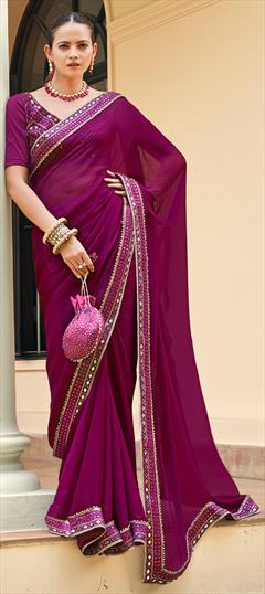 Party Wear, Reception Purple and Violet color Saree in Chiffon fabric with Classic Embroidered, Mirror, Thread work : 1894141