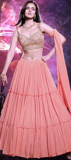 Designer, Engagement, Reception Pink and Majenta color Lehenga in Georgette fabric with Flared Thread work : 1894147