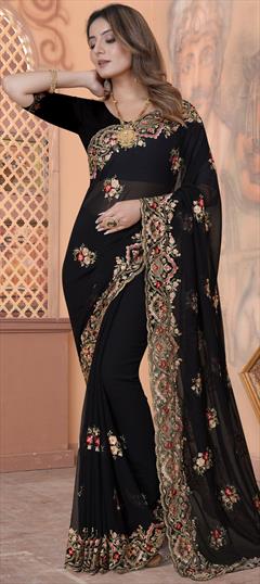 Engagement, Wedding Black and Grey color Saree in Georgette fabric with Classic Embroidered, Resham, Stone, Thread, Zari work : 1894148