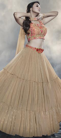 Designer, Engagement, Reception Beige and Brown color Lehenga in Art Silk fabric with Flared Thread work : 1894150