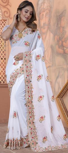 Engagement, Wedding White and Off White color Saree in Georgette fabric with Classic Embroidered, Resham, Stone, Thread, Zari work : 1894154