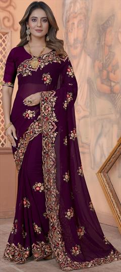 Engagement, Wedding Purple and Violet color Saree in Georgette fabric with Classic Embroidered, Resham, Stone, Thread, Zari work : 1894160