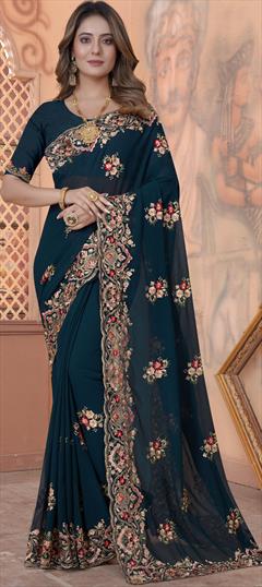 Engagement, Wedding Blue color Saree in Georgette fabric with Classic Embroidered, Resham, Stone, Thread, Zari work : 1894161