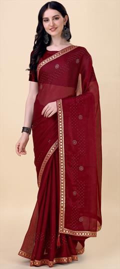 Party Wear Red and Maroon color Saree in Chiffon fabric with Classic Bugle Beads work : 1894162