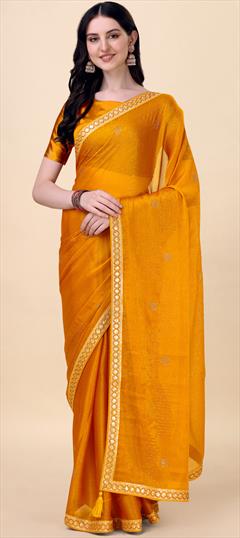 Party Wear Yellow color Saree in Chiffon fabric with Classic Bugle Beads work : 1894166