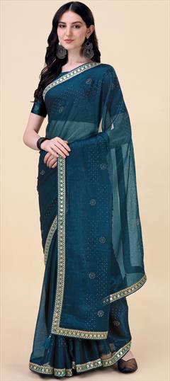 Party Wear Blue color Saree in Chiffon fabric with Classic Bugle Beads work : 1894169