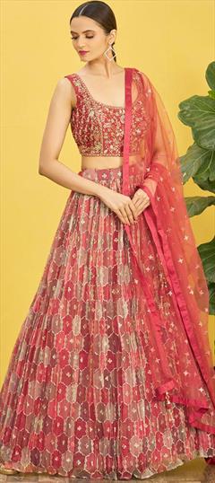 Bridal, Designer, Reception, Wedding Beige and Brown color Lehenga in Organza Silk fabric with Flared Digital Print, Embroidered, Mirror, Sequence, Thread, Zari work : 1894196