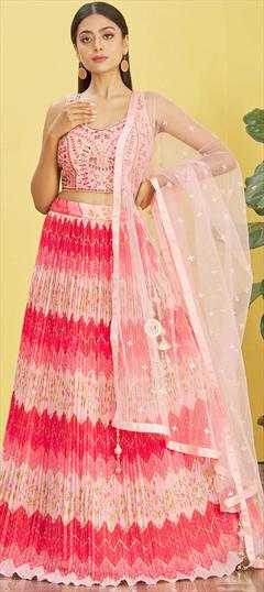 Bridal, Designer, Reception, Wedding Pink and Majenta color Lehenga in Art Silk fabric with Flared Digital Print, Embroidered, Mirror, Sequence, Thread, Zari work : 1894199