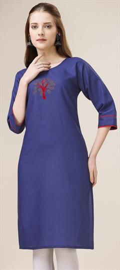Casual Blue color Kurti in Cotton fabric with Long Sleeve, Straight Stone, Swarovski work : 1894342