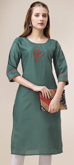 Casual Green color Kurti in Cotton fabric with Long Sleeve, Straight Stone, Swarovski work : 1894343