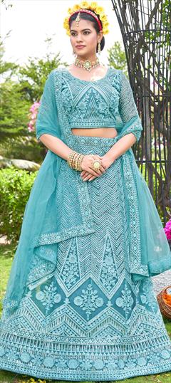 Bridal, Festive, Wedding Blue color Lehenga in Net fabric with Flared Embroidered, Lace, Sequence, Thread work : 1894344