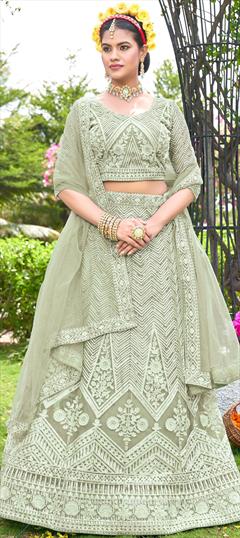 Bridal, Festive, Wedding Green color Lehenga in Net fabric with Flared Embroidered, Lace, Sequence, Thread work : 1894347