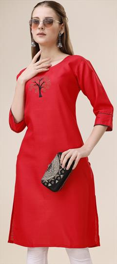 Casual Red and Maroon color Kurti in Cotton fabric with Long Sleeve, Straight Stone, Swarovski work : 1894348