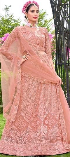 Bridal, Festive, Wedding Pink and Majenta color Lehenga in Net fabric with Flared Embroidered, Lace, Sequence, Thread work : 1894350