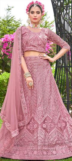 Bridal, Festive, Wedding Pink and Majenta color Lehenga in Net fabric with Flared Embroidered, Lace, Sequence, Thread work : 1894352