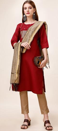 Casual Red and Maroon color Salwar Kameez in Cotton fabric with Straight Sequence, Thread, Zari work : 1894383