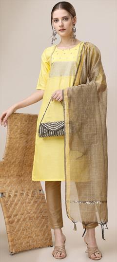 Casual Yellow color Salwar Kameez in Cotton fabric with Straight Sequence, Thread, Zari work : 1894387
