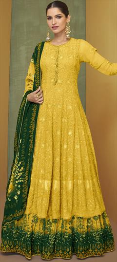 Festive, Party Wear Yellow color Salwar Kameez in Georgette fabric with Anarkali Embroidered, Sequence, Thread work : 1894547