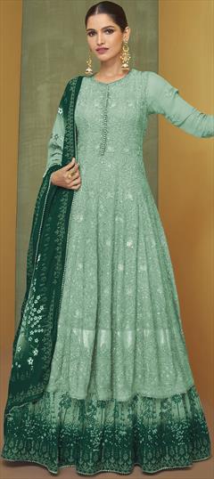 Festive, Party Wear Green color Salwar Kameez in Georgette fabric with Anarkali Embroidered, Sequence, Thread work : 1894549