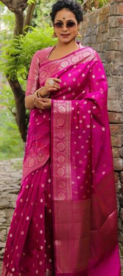Party Wear, Traditional Pink and Majenta color Saree in Art Silk, Silk fabric with South Weaving work : 1894612