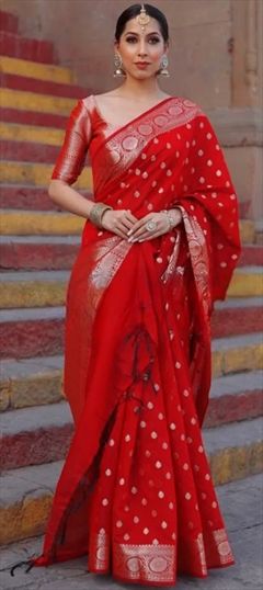 Party Wear, Traditional Red and Maroon color Saree in Art Silk, Silk fabric with South Weaving work : 1894618