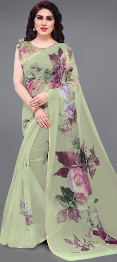 Party Wear, Traditional Green color Saree in Organza Silk, Silk fabric with South Floral, Printed work : 1894647