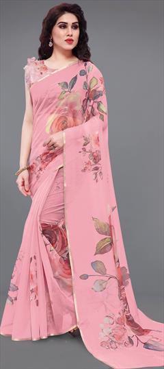 Party Wear, Traditional Pink and Majenta color Saree in Organza Silk, Silk fabric with South Floral, Printed work : 1894653
