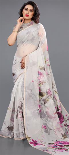 Party Wear, Traditional Black and Grey color Saree in Organza Silk fabric with South Printed work : 1894693
