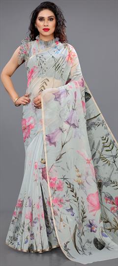 Party Wear, Traditional Black and Grey color Saree in Organza Silk fabric with South Printed work : 1894694