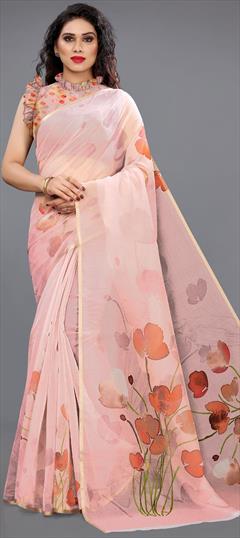 Party Wear, Traditional Pink and Majenta color Saree in Organza Silk fabric with South Floral, Printed work : 1894700