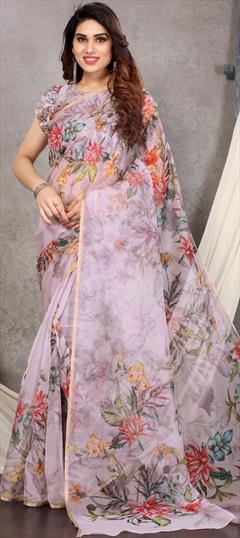 Party Wear, Traditional Purple and Violet color Saree in Organza Silk fabric with South Floral, Printed work : 1894722