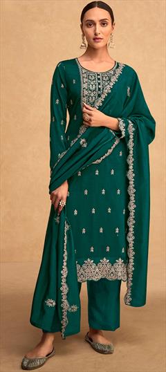Party Wear Green color Salwar Kameez in Art Silk fabric with Straight Embroidered, Thread work : 1894784