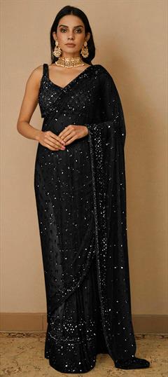 Party Wear, Reception Black and Grey color Saree in Net fabric with Classic Embroidered, Thread work : 1894850