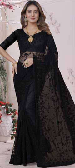 Party Wear, Reception Black and Grey color Saree in Net fabric with Classic Embroidered, Resham, Stone, Thread work : 1895020