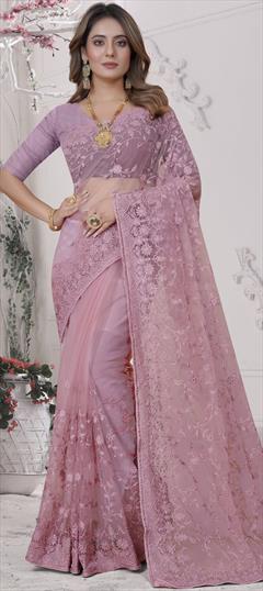 Party Wear, Reception Pink and Majenta color Saree in Net fabric with Classic Embroidered, Resham, Stone, Thread work : 1895027