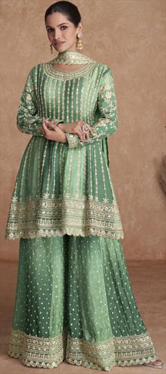 Festive, Party Wear, Reception Green color Salwar Kameez in Art Silk fabric with Palazzo, Straight Embroidered, Sequence, Thread, Zari work : 1895191