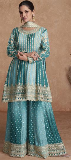 Festive, Party Wear, Reception Blue color Salwar Kameez in Art Silk fabric with Palazzo, Straight Embroidered, Sequence, Thread, Zari work : 1895194