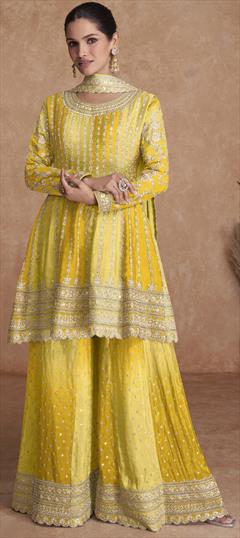Festive, Party Wear, Reception Yellow color Salwar Kameez in Art Silk fabric with Palazzo, Straight Embroidered, Sequence, Thread, Zari work : 1895196