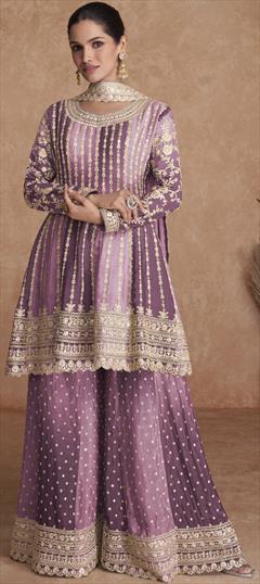 Festive, Party Wear, Reception Purple and Violet color Salwar Kameez in Art Silk fabric with Palazzo, Straight Embroidered, Sequence, Thread, Zari work : 1895199
