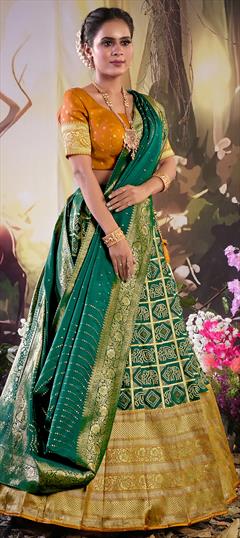 Festive, Party Wear, Reception Green color Lehenga in Banarasi Silk fabric with Flared Weaving, Zari work : 1895207