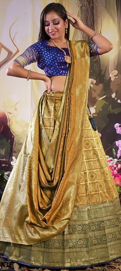 Festive, Party Wear, Reception Gold color Lehenga in Banarasi Silk fabric with Flared Weaving, Zari work : 1895208