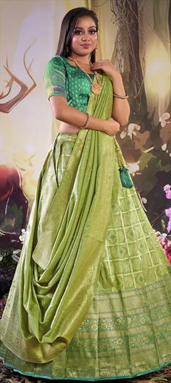 Festive, Party Wear, Reception Green color Lehenga in Banarasi Silk fabric with Flared Weaving, Zari work : 1895209