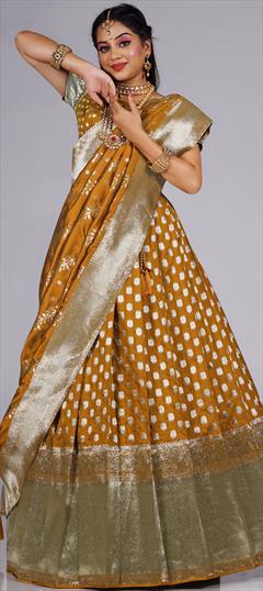Engagement, Party Wear, Reception Gold color Lehenga in Banarasi Silk fabric with Flared Weaving work : 1895264